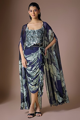 Navy Blue Chiffon Cape Set by Nupur Kanoi