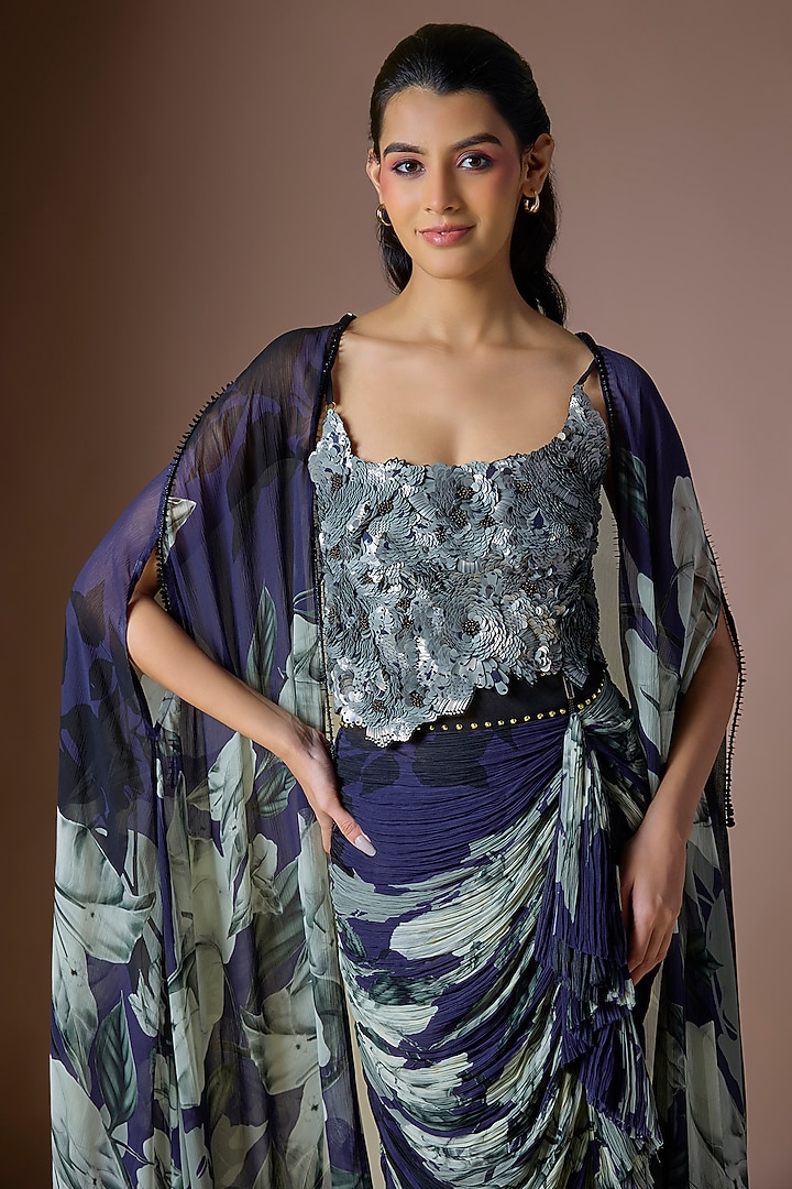 Navy Blue Chiffon Cape Set by Nupur Kanoi at Pernia's Pop Up Shop