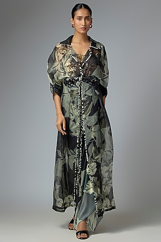 Black & Gold Organza Printed Jacket Set by Nupur Kanoi
