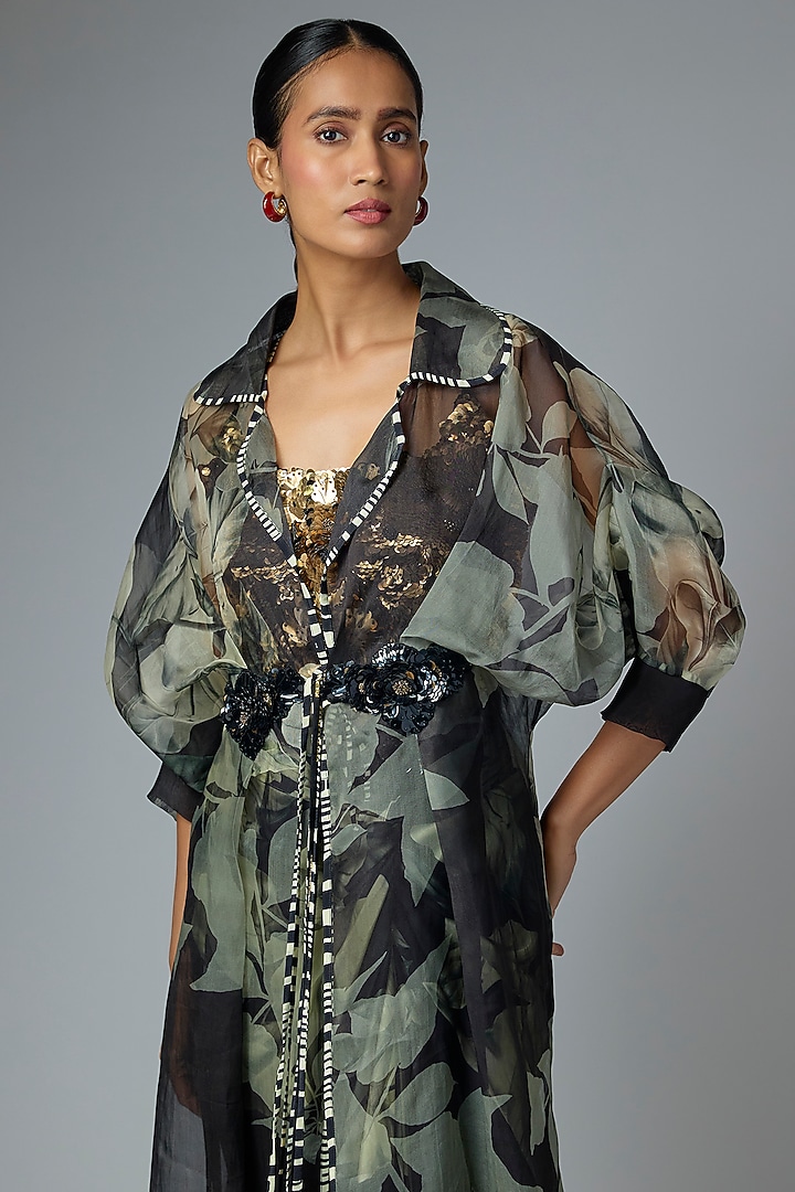 Black & Gold Organza Printed Jacket Set by Nupur Kanoi at Pernia's Pop Up Shop
