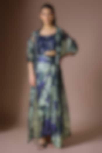 Navy Blue Organza Printed Jacket Set by Nupur Kanoi at Pernia's Pop Up Shop