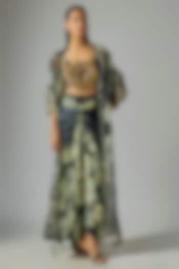 Black & Gold Satin Digital Printed French Knot Skirt Set by Nupur Kanoi at Pernia's Pop Up Shop