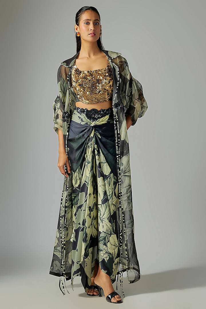 Black & Gold Satin Digital Printed French Knot Skirt Set by Nupur Kanoi at Pernia's Pop Up Shop