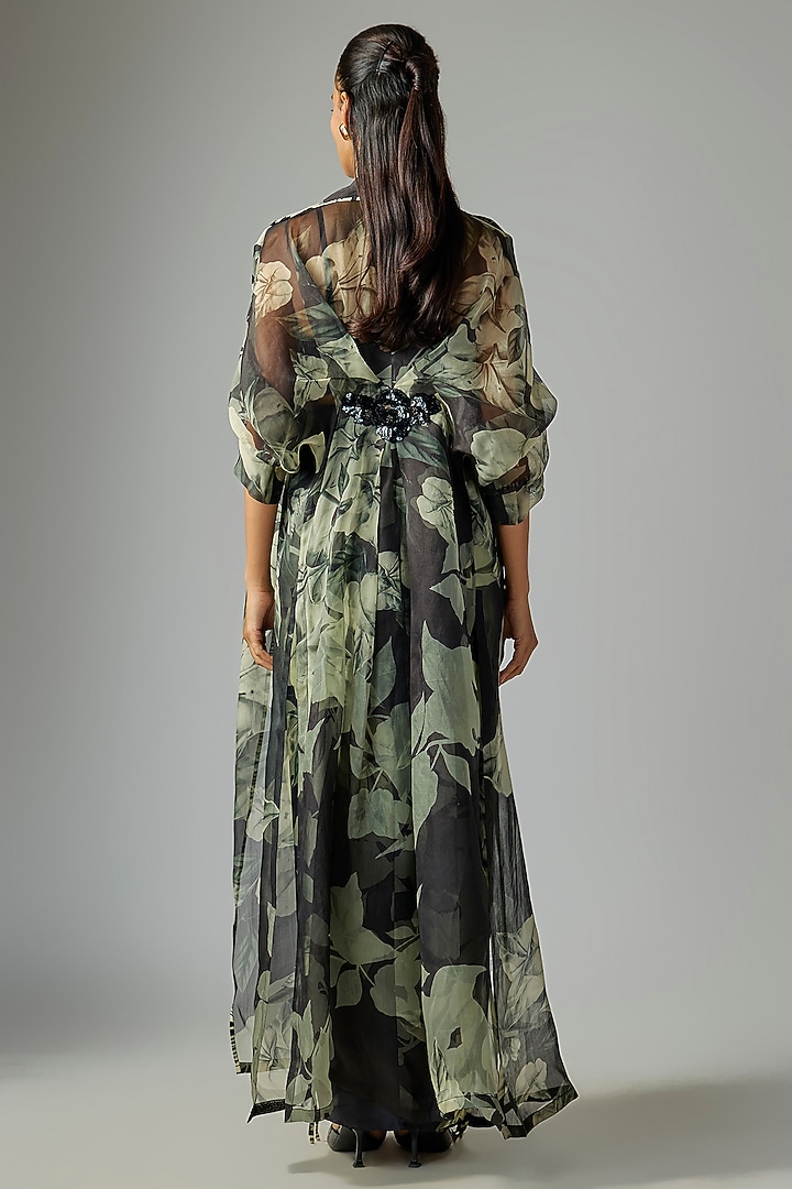 Black & Gold Satin Digital Printed French Knot Skirt Set by Nupur Kanoi at Pernia's Pop Up Shop