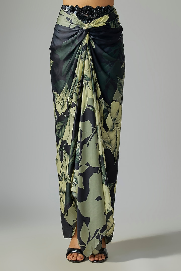 Black & Gold Satin Digital Printed French Knot Skirt Set by Nupur Kanoi at Pernia's Pop Up Shop