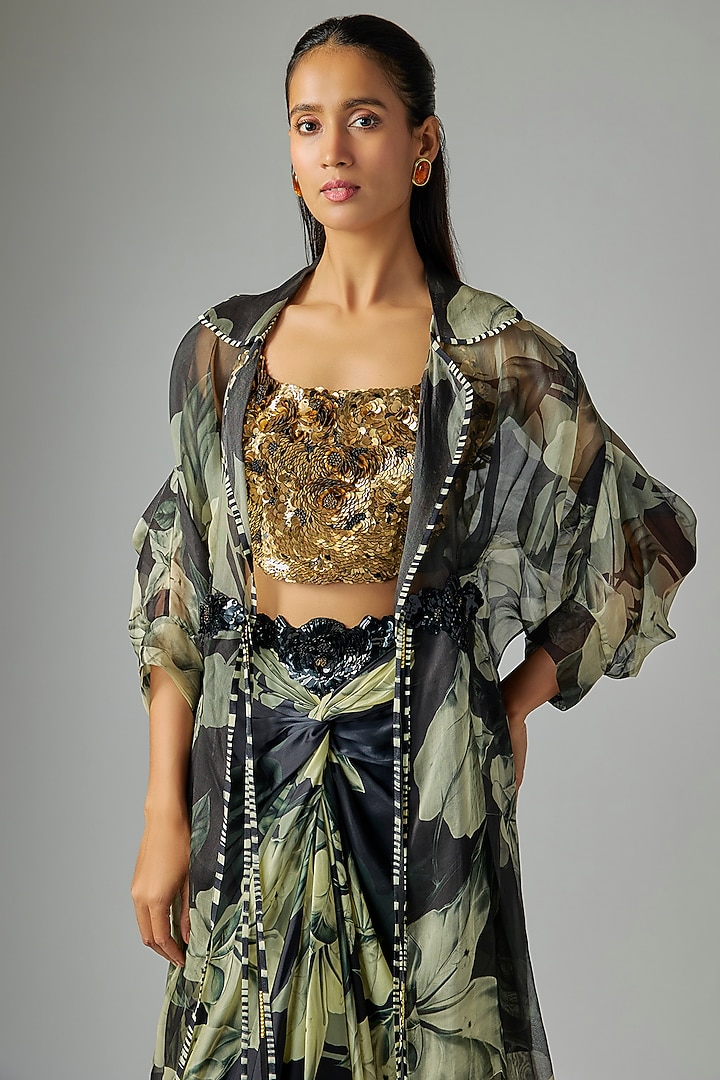 Black & Gold Satin Digital Printed French Knot Skirt Set by Nupur Kanoi at Pernia's Pop Up Shop