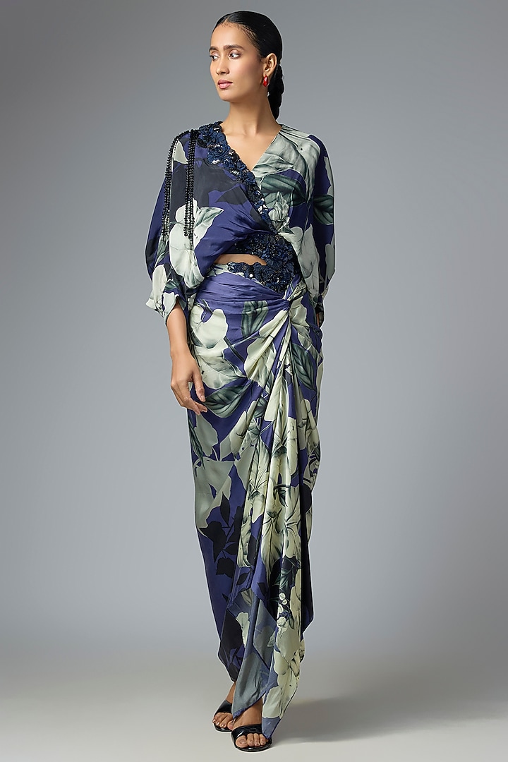 Blue Crepe & Satin Printed Skirt Set by Nupur Kanoi at Pernia's Pop Up Shop