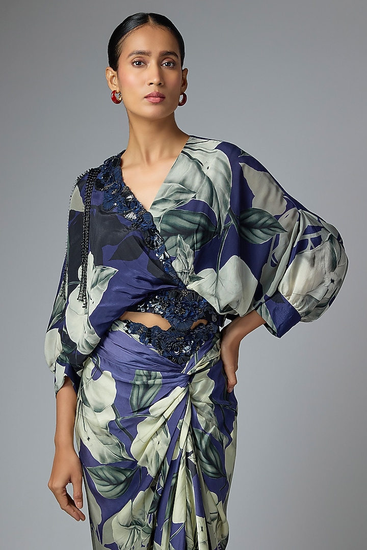Blue Crepe & Satin Printed Skirt Set by Nupur Kanoi at Pernia's Pop Up Shop