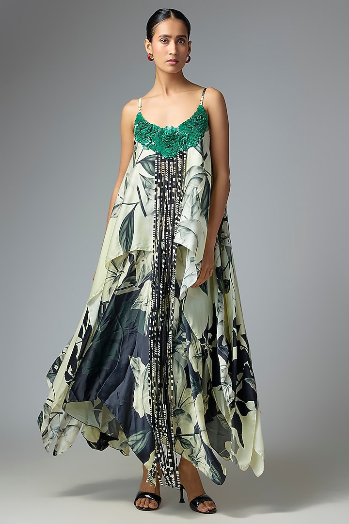 Off-White & Black Satin Printed Singlet Cocktail Dress by Nupur Kanoi at Pernia's Pop Up Shop