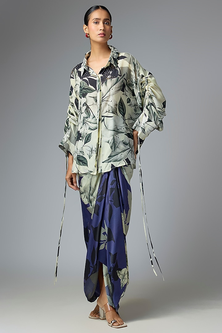 Blue Crepe & Satin Printed Skirt Set by Nupur Kanoi at Pernia's Pop Up Shop