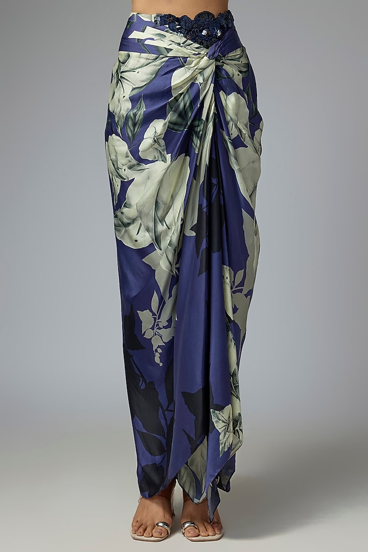 Blue Crepe & Satin Printed Skirt Set by Nupur Kanoi at Pernia's Pop Up Shop