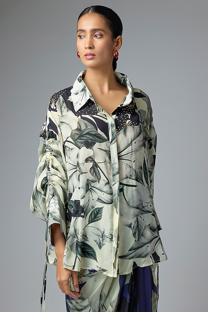 Blue Crepe & Satin Printed Skirt Set by Nupur Kanoi at Pernia's Pop Up Shop