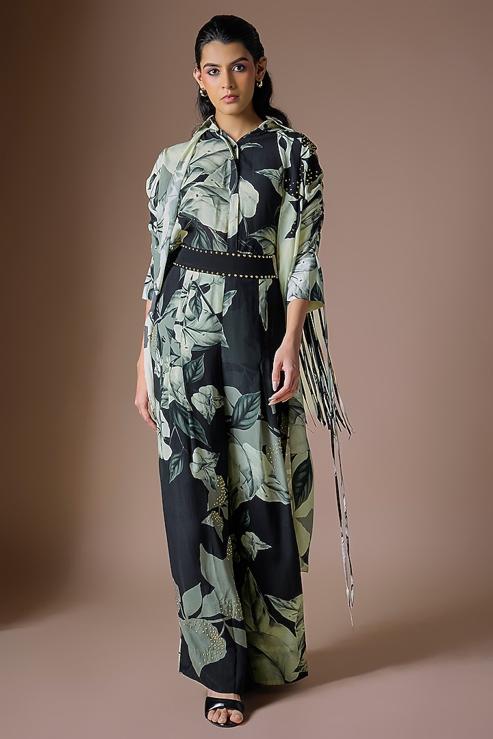 Off-White & Black Crepe Printed A-Line Pant Set by Nupur Kanoi at Pernia's Pop Up Shop