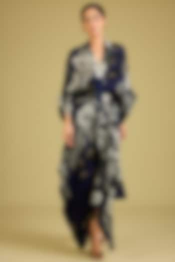 Navy Blue Crepe Printed & Embroidered Kaftan Wrap Cocktail Dress by Nupur Kanoi at Pernia's Pop Up Shop