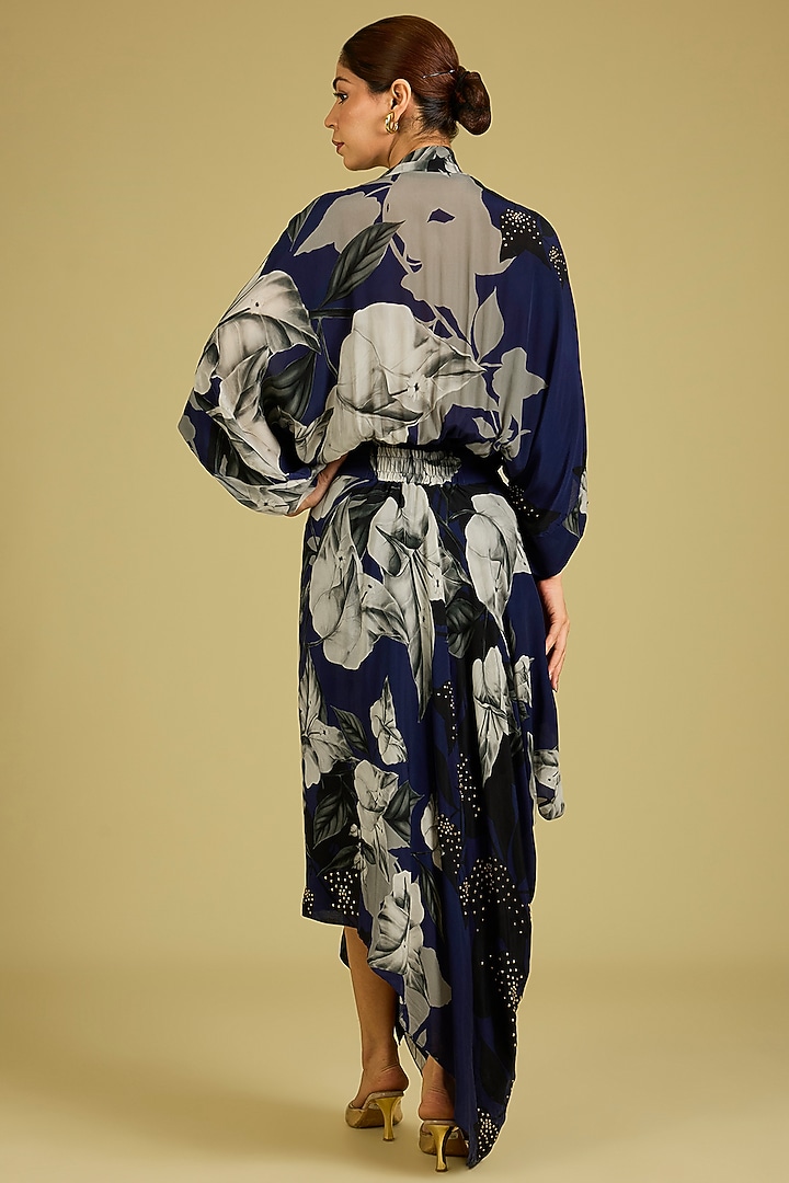 Navy Blue Crepe Printed & Embroidered Kaftan Wrap Cocktail Dress by Nupur Kanoi at Pernia's Pop Up Shop