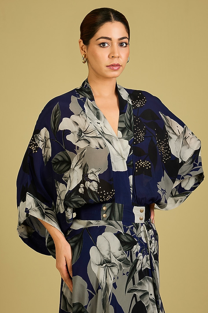Navy Blue Crepe Printed & Embroidered Kaftan Wrap Cocktail Dress by Nupur Kanoi at Pernia's Pop Up Shop