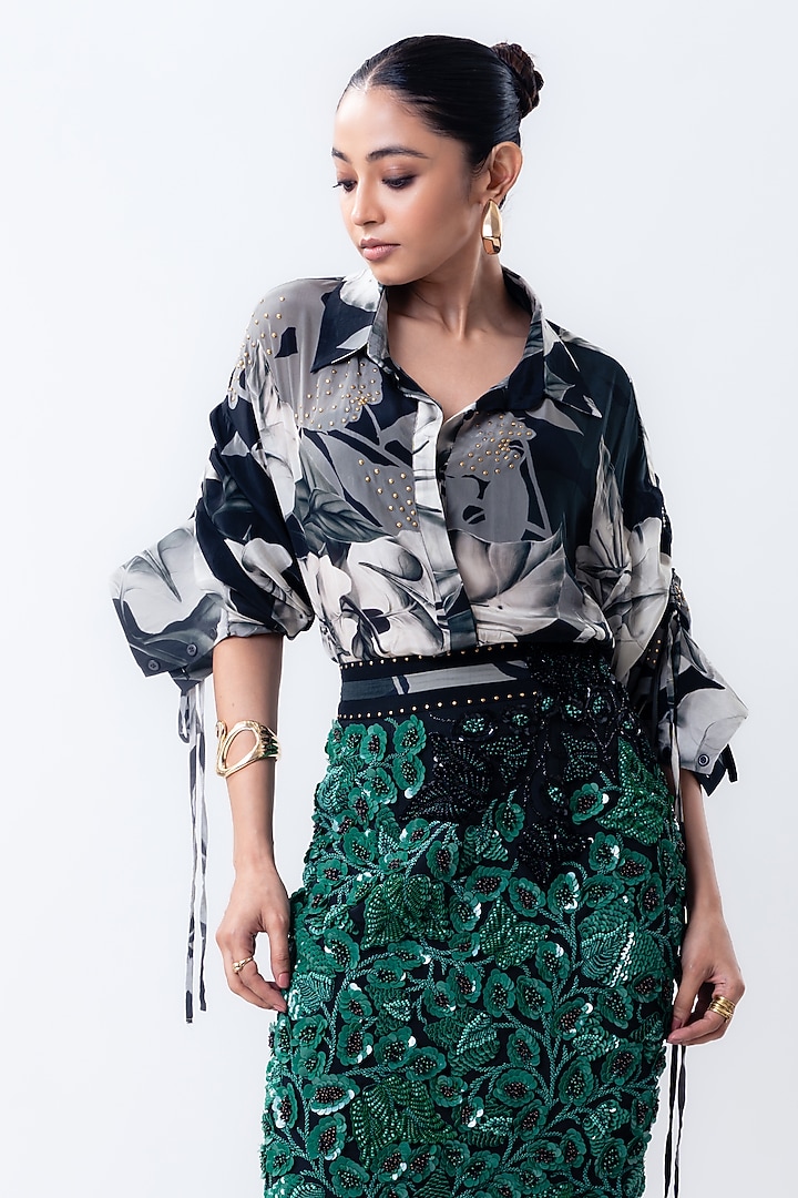 Green Crepe & Lycra Embroidered Skirt Set by Nupur Kanoi at Pernia's Pop Up Shop