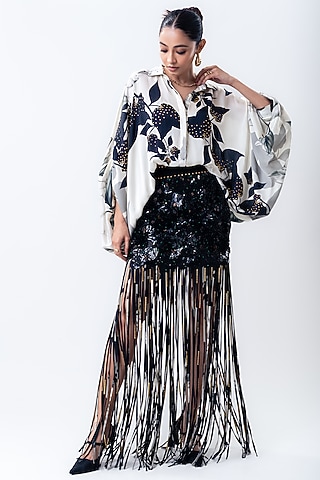 Black Crepe & Lycra Sequins Skirt Set by Nupur Kanoi