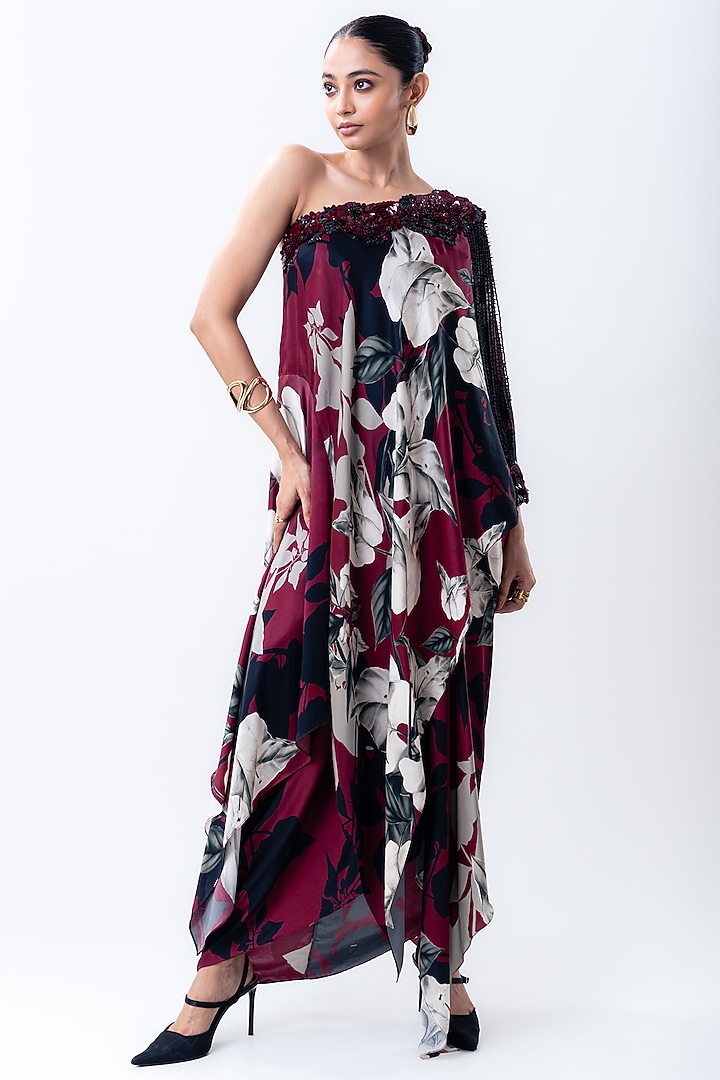 Burgundy Satin & Lycra Printed Cape Set by Nupur Kanoi at Pernia's Pop Up Shop