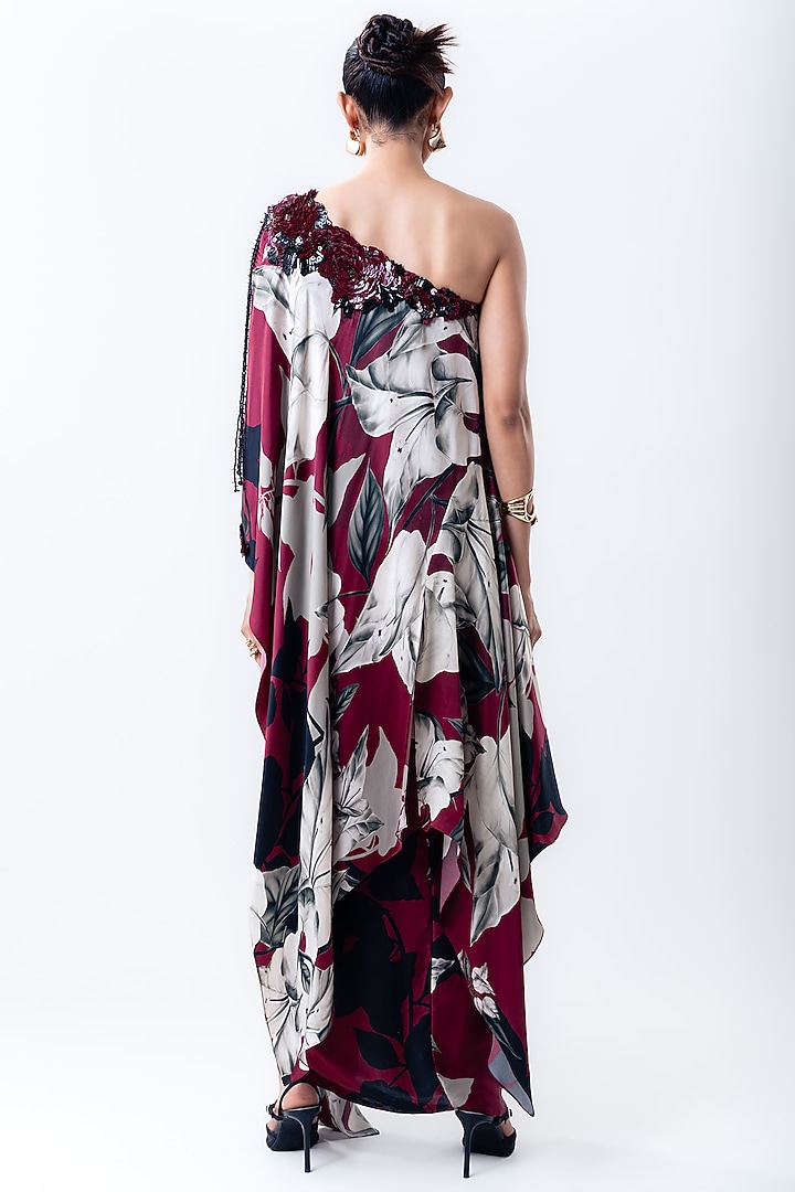 Burgundy Satin & Lycra Printed Cape Set by Nupur Kanoi at Pernia's Pop Up Shop