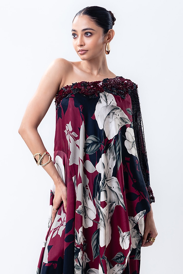 Burgundy Satin & Lycra Printed Cape Set by Nupur Kanoi at Pernia's Pop Up Shop