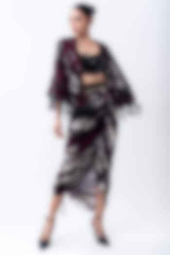 Burgundy Chiffon & Lycra Printed Cape Set by Nupur Kanoi at Pernia's Pop Up Shop