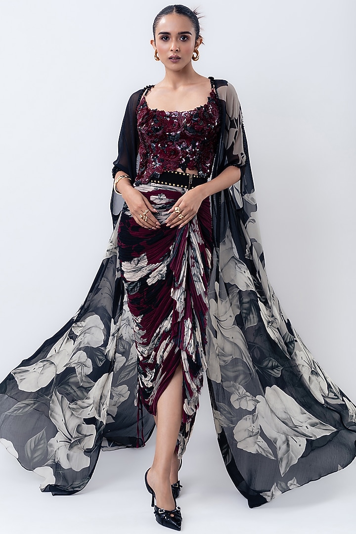 Black Chiffon & Crepe Printed Cape Set by Nupur Kanoi at Pernia's Pop Up Shop