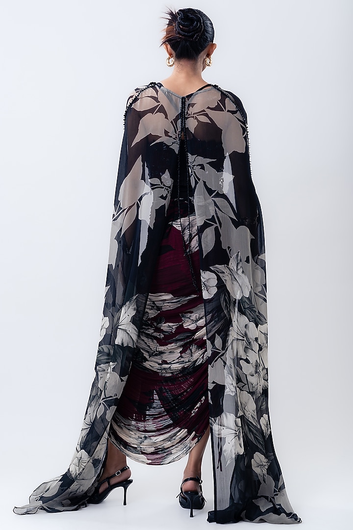 Black Chiffon & Crepe Printed Cape Set by Nupur Kanoi at Pernia's Pop Up Shop