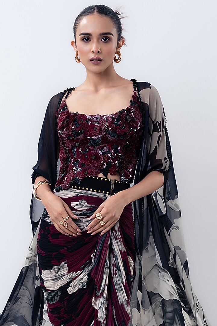 Black Chiffon & Crepe Printed Cape Set by Nupur Kanoi at Pernia's Pop Up Shop