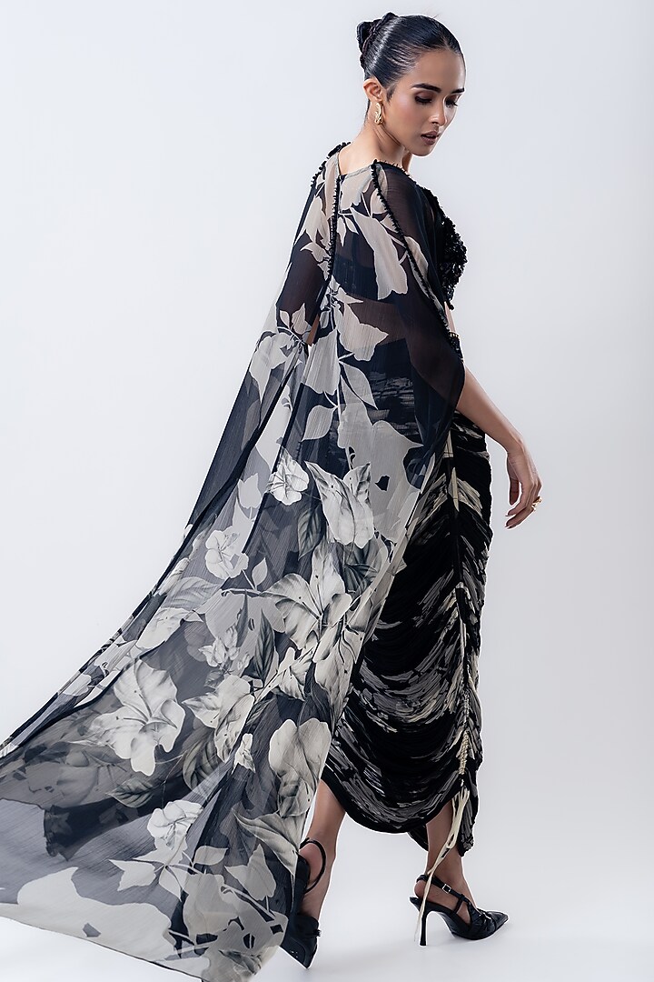Black Chiffon & Lycra Printed Cape Set by Nupur Kanoi at Pernia's Pop Up Shop