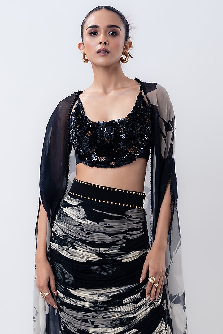 Black Chiffon & Lycra Printed Cape Set by Nupur Kanoi at Pernia's Pop Up Shop