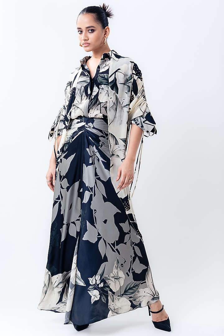 Black Crepe & Satin Printed Skirt Set by Nupur Kanoi at Pernia's Pop Up Shop