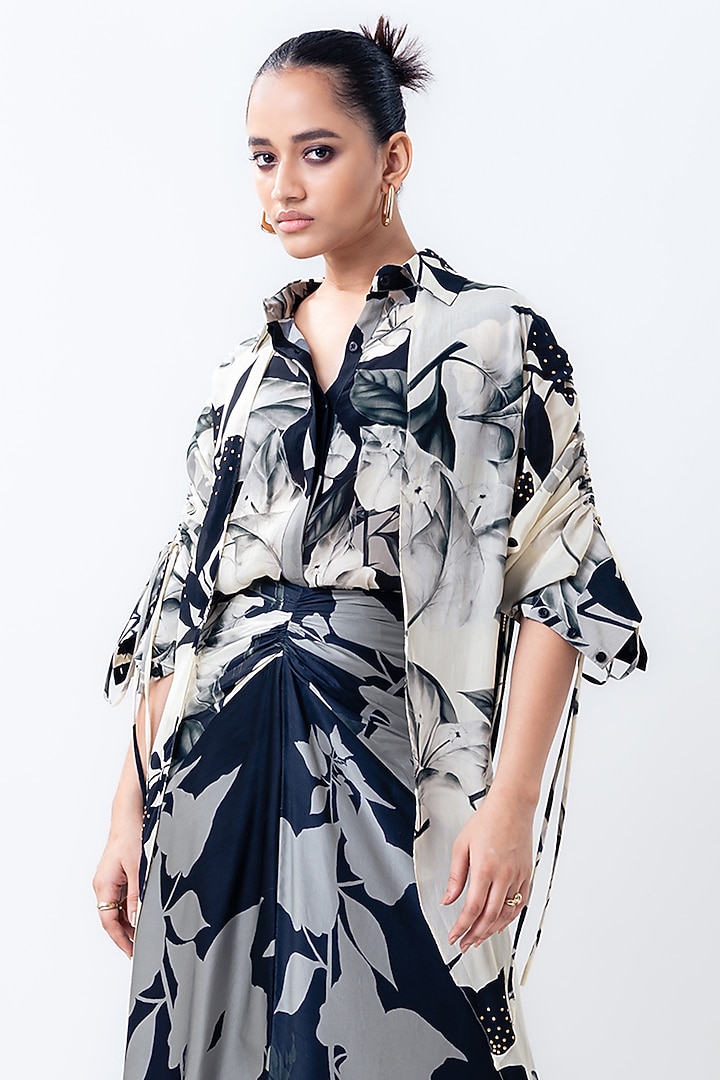 Black Crepe & Satin Printed Skirt Set by Nupur Kanoi at Pernia's Pop Up Shop