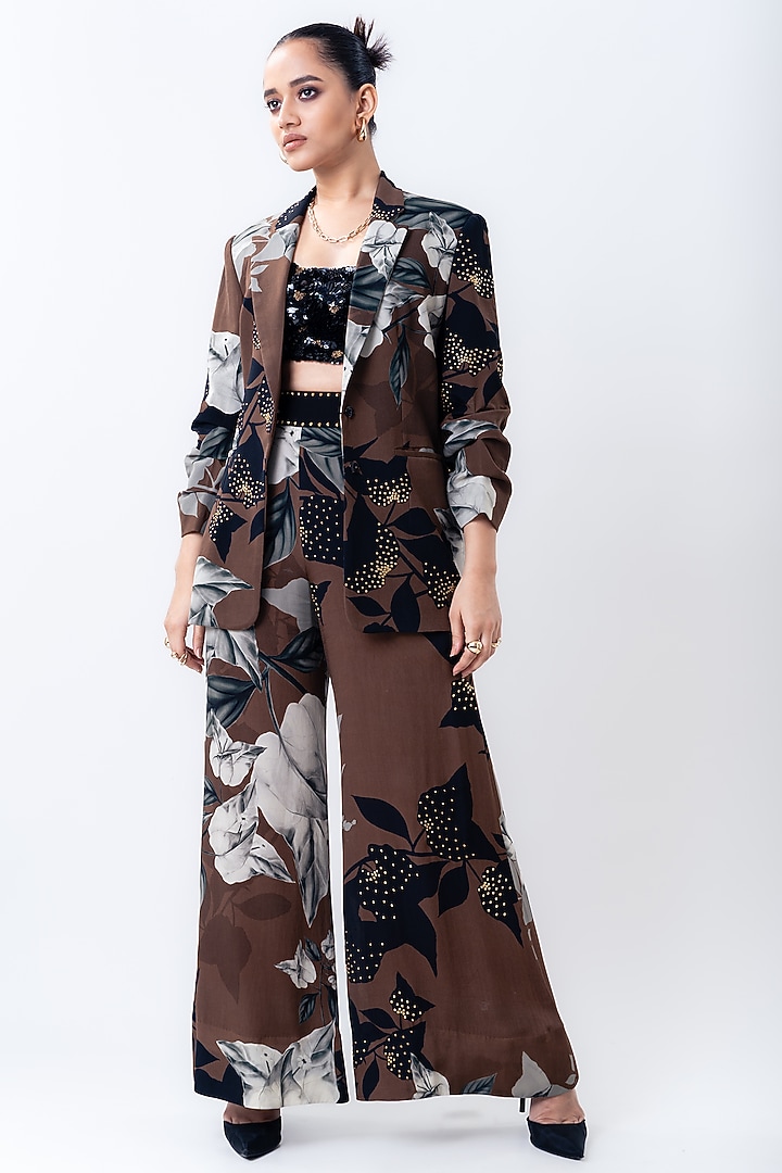 Brown Crepe & Satin Printed Blazer Set by Nupur Kanoi at Pernia's Pop Up Shop