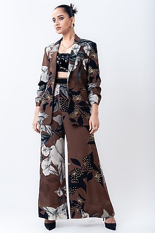 Brown Crepe & Satin Printed Blazer Set by Nupur Kanoi