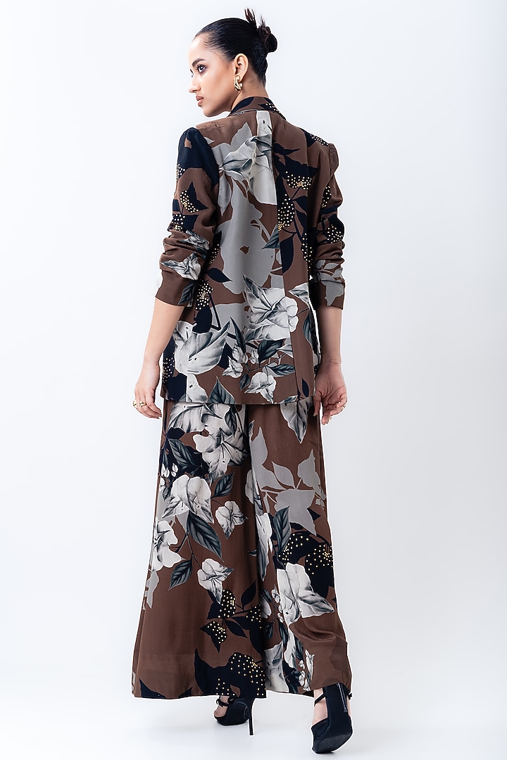 Brown Crepe & Satin Printed Blazer Set by Nupur Kanoi at Pernia's Pop Up Shop