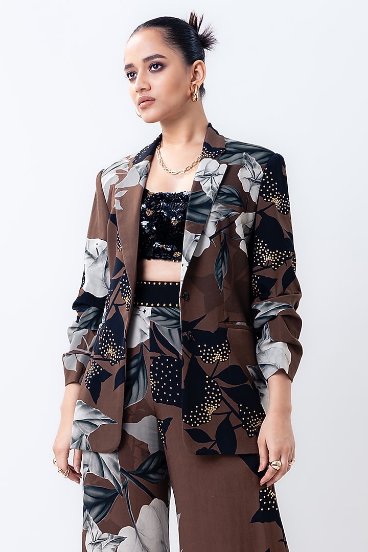 Brown Crepe & Satin Printed Blazer Set by Nupur Kanoi at Pernia's Pop Up Shop