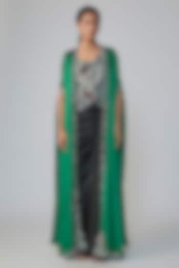 Emerald Green & Black Satin Embroidered Cape Set by Nupur Kanoi at Pernia's Pop Up Shop