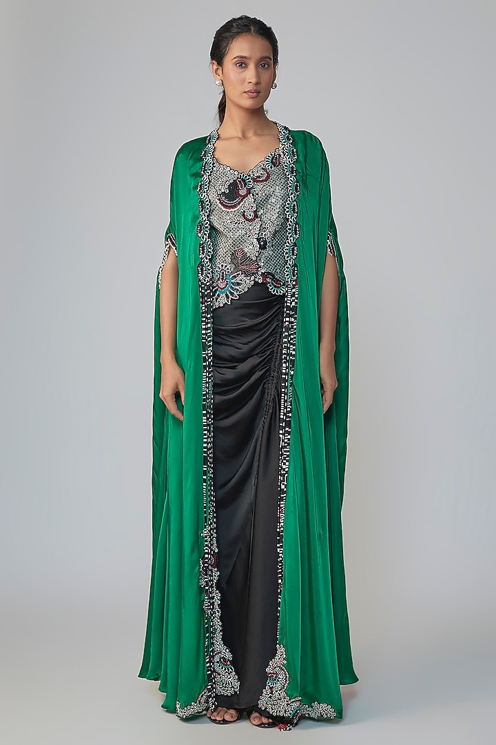 Emerald Green & Black Satin Embroidered Cape Set by Nupur Kanoi at Pernia's Pop Up Shop