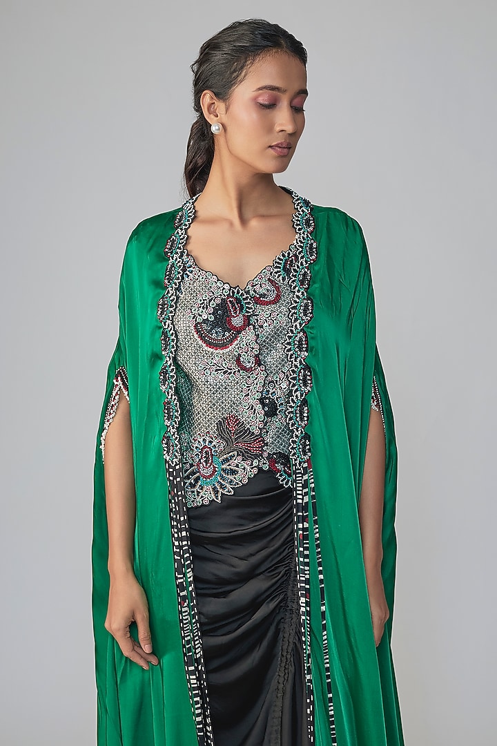 Emerald Green & Black Satin Embroidered Cape Set by Nupur Kanoi at Pernia's Pop Up Shop