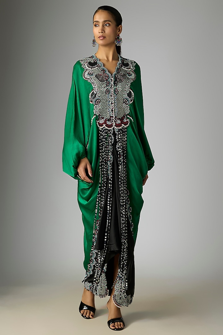 Emerald Green Satin Hand Embroidered Skirt Set by Nupur Kanoi at Pernia's Pop Up Shop