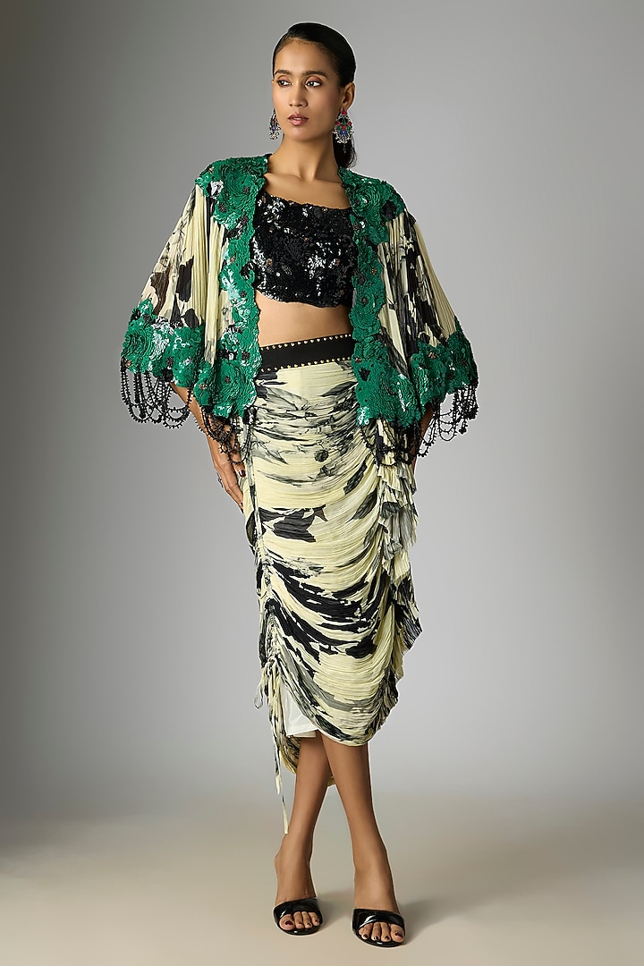Off-White & Black Crepe Printed Frilled Skirt Set by Nupur Kanoi at Pernia's Pop Up Shop