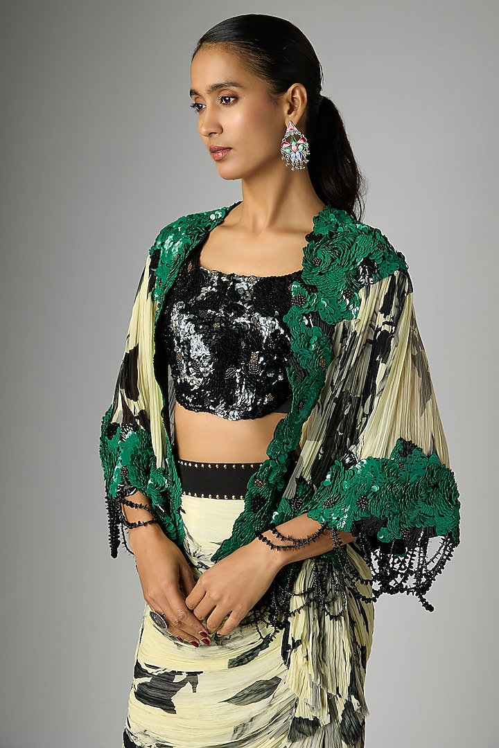 Off-White & Black Crepe Printed Frilled Skirt Set by Nupur Kanoi at Pernia's Pop Up Shop