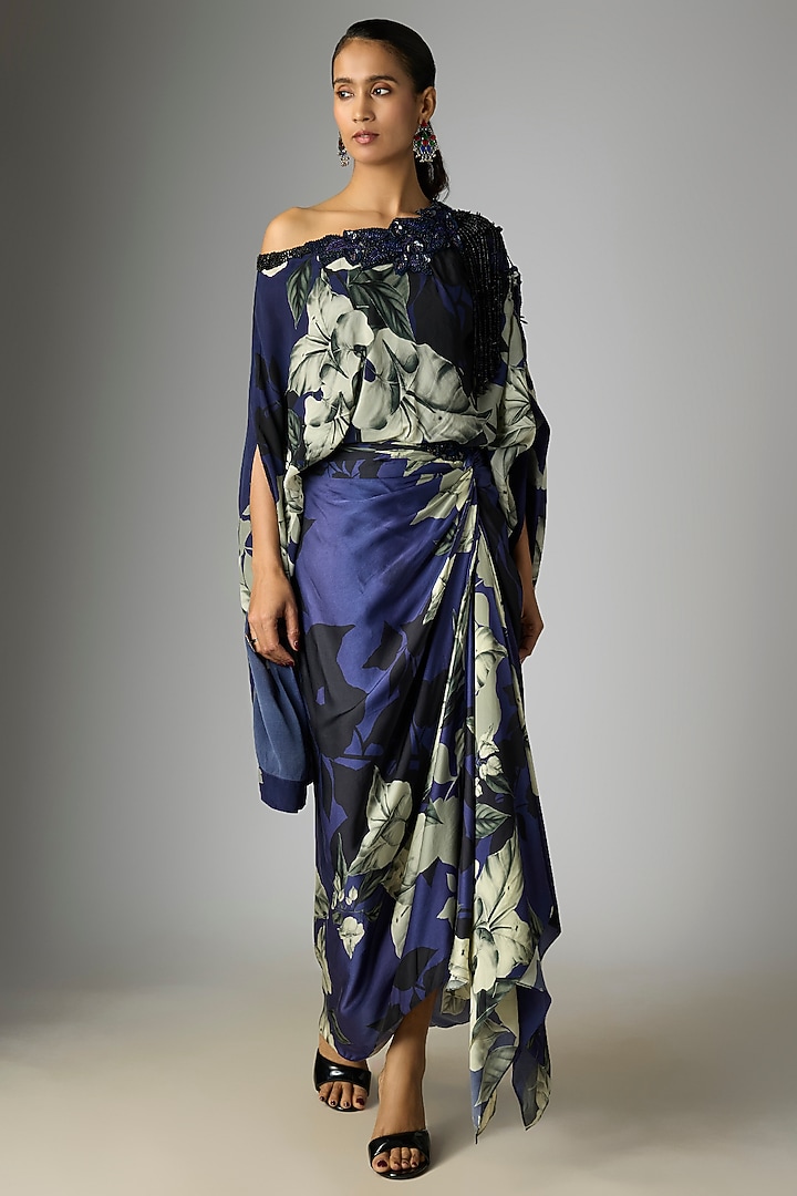 Navy Blue Crepe & Satin Printed Knotted Skirt Set by Nupur Kanoi at Pernia's Pop Up Shop