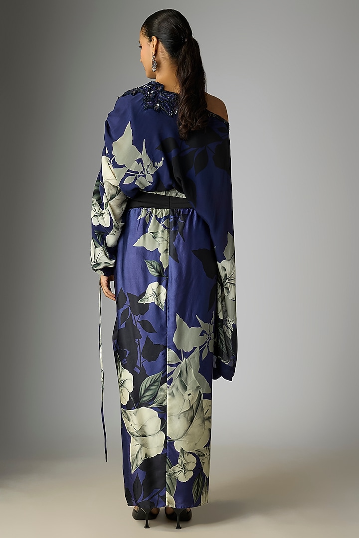 Navy Blue Crepe & Satin Printed Knotted Skirt Set by Nupur Kanoi at Pernia's Pop Up Shop