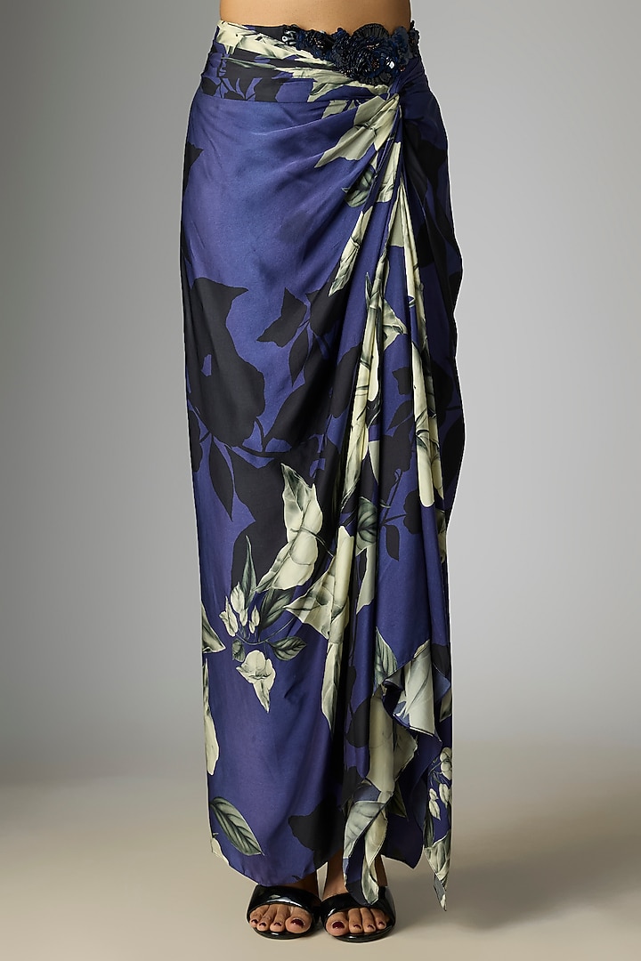 Navy Blue Crepe & Satin Printed Knotted Skirt Set by Nupur Kanoi at Pernia's Pop Up Shop