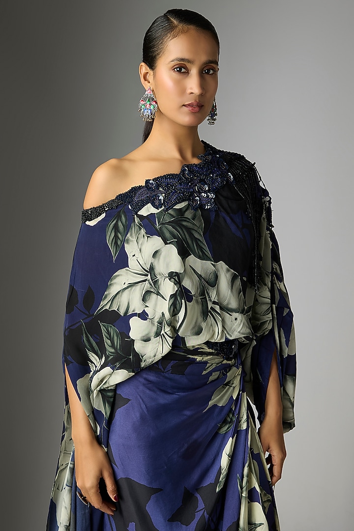 Navy Blue Crepe & Satin Printed Knotted Skirt Set by Nupur Kanoi at Pernia's Pop Up Shop