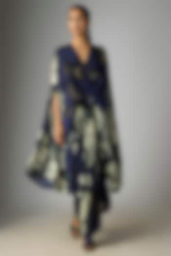 Navy Blue Crepe Printed Kaftan Cocktail Dress by Nupur Kanoi at Pernia's Pop Up Shop