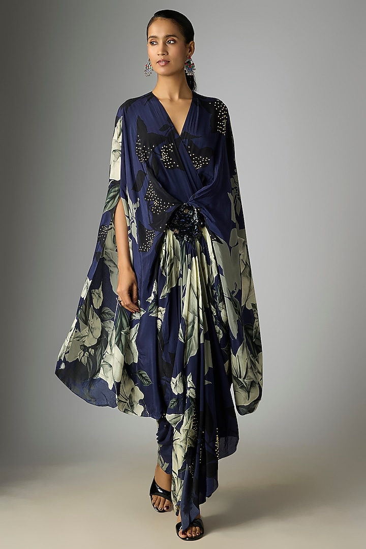 Navy Blue Crepe Printed Kaftan Cocktail Dress by Nupur Kanoi at Pernia's Pop Up Shop