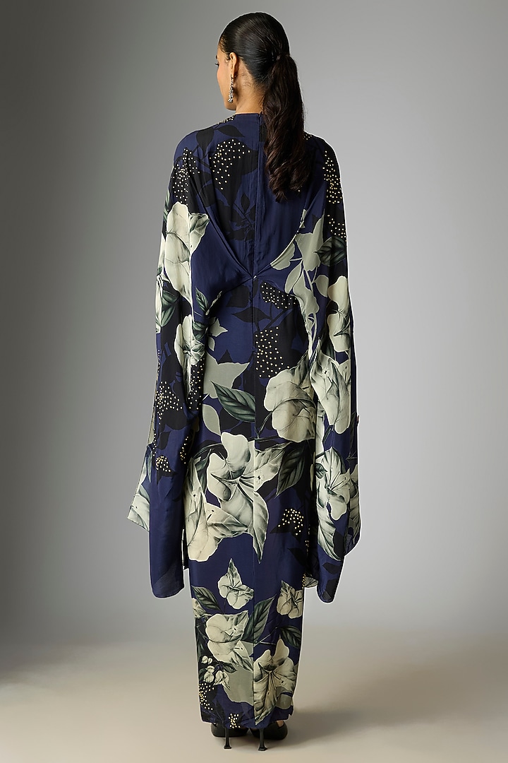 Navy Blue Crepe Printed Kaftan Cocktail Dress by Nupur Kanoi at Pernia's Pop Up Shop